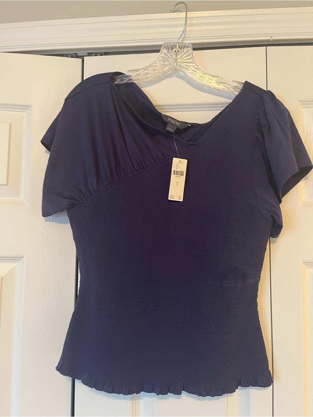 Maje Navy Short Sleeve Mixed-Texture Top